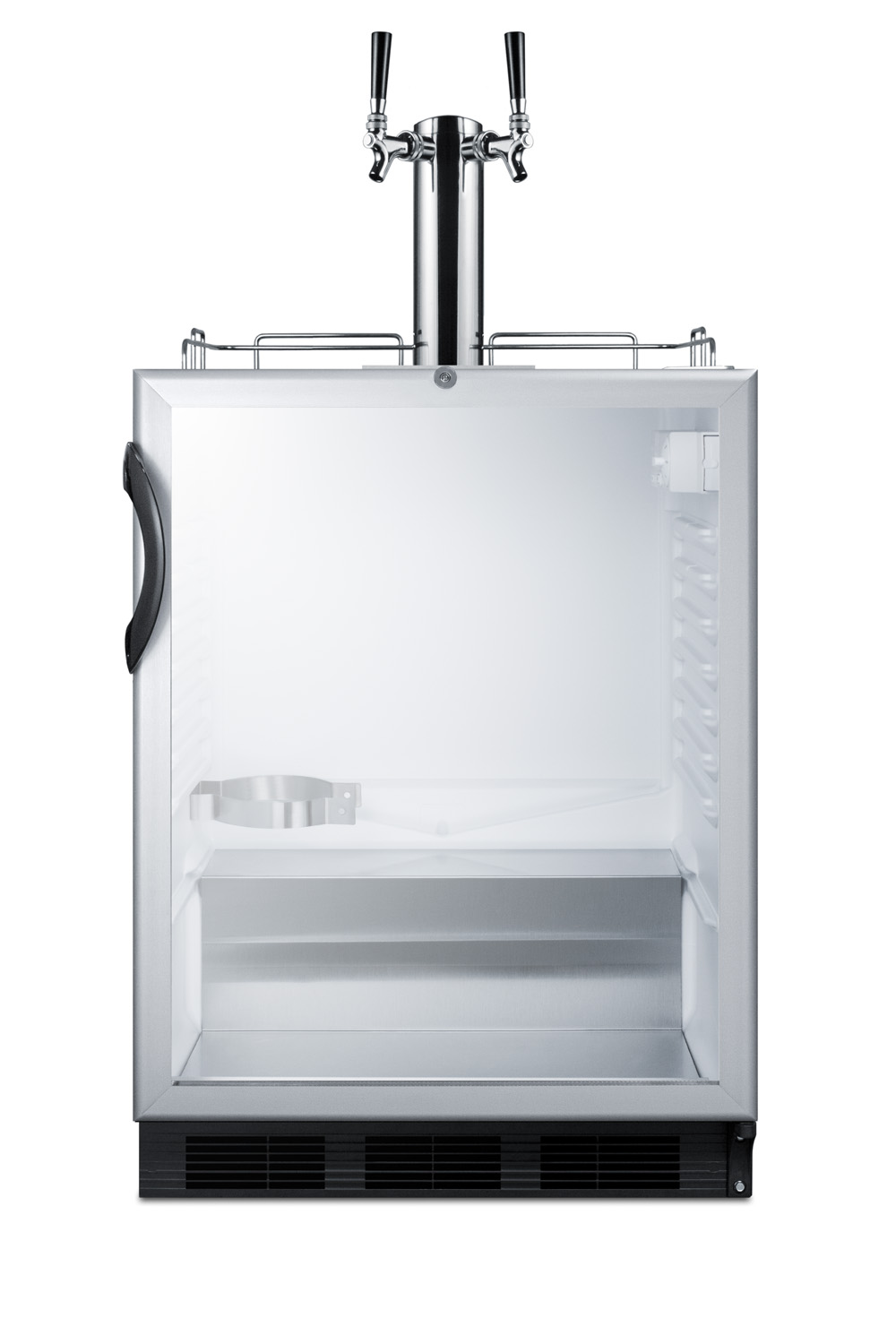 Built-in undercounter ADA height commercially listed dual tap beer dispenser with glass door, lock, and black cabinet